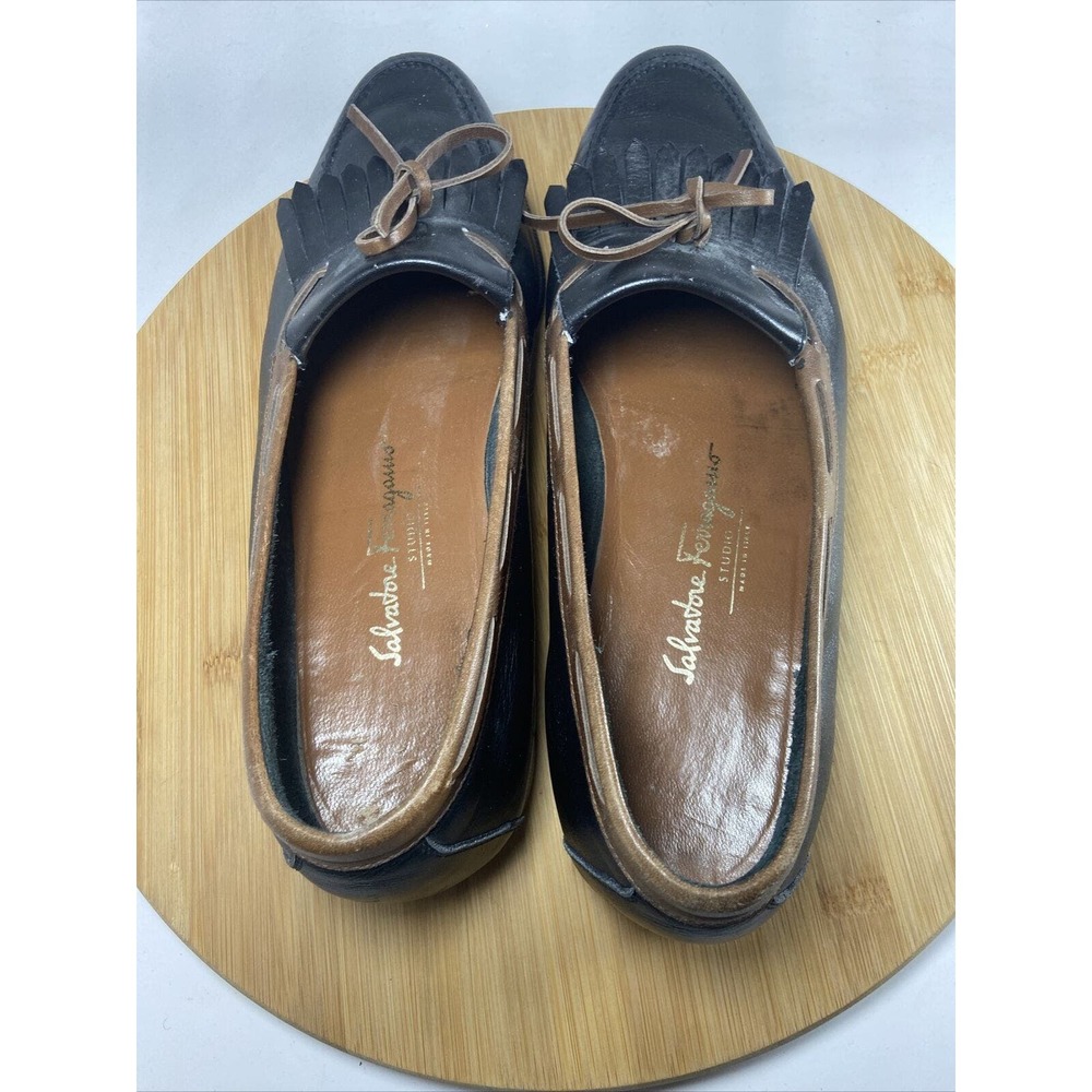 Salvatore Ferragamo Kiltie Loafer Black Fringe Tassel Leather Round Toe Sz 9.5 - Picture 5 of 10